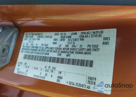 2016 Ford Escape S z USA, uszkodzony, nr VIN 1FMCU0F7XGUC07208